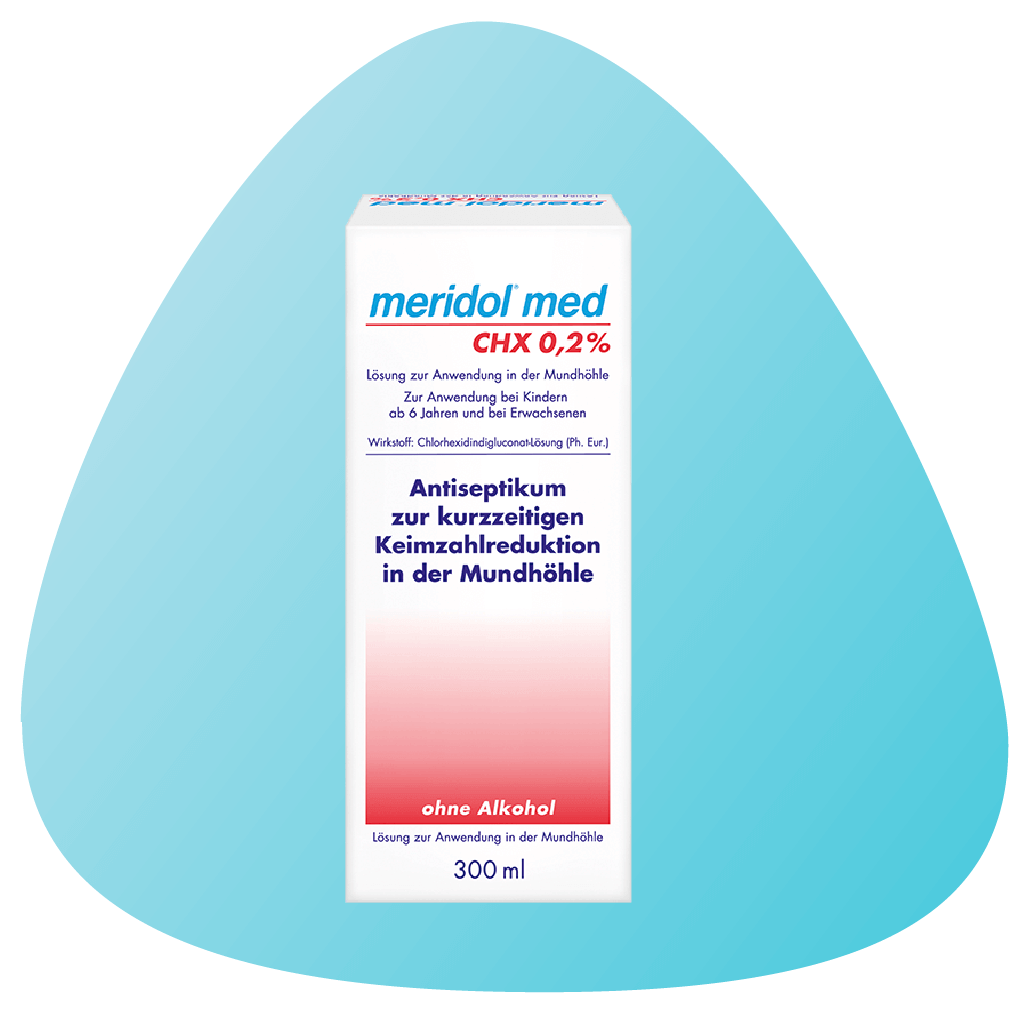 Balenie ústnej vody meridol  Med 300 ml, bez alkoholu, s informáciami o antiseptickom pôsobení.